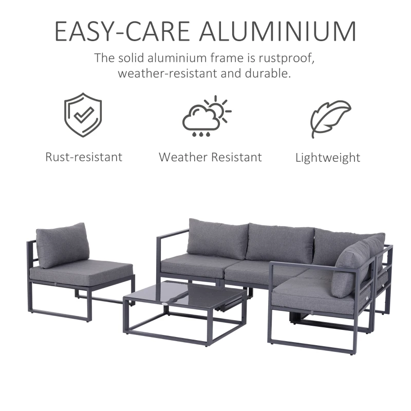 Outsunny Outdoor 6 Piece Aluminum Framed Sectional Sofa Set Conversation Couch Lounger Coffee Table w/ Cushion