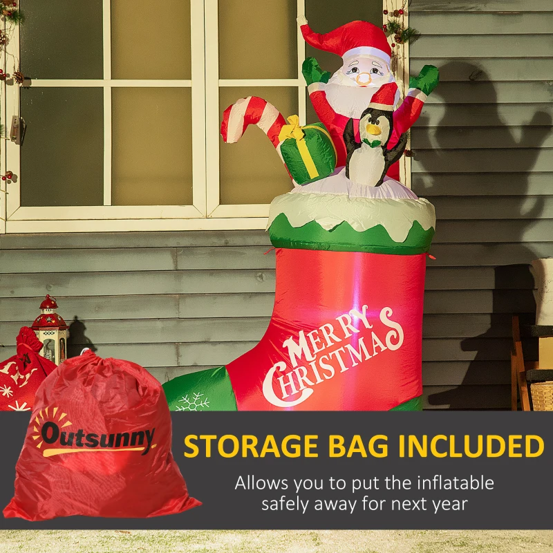 Outsunny 5ft Christmas Inflatables Outdoor Decorations Santa and Penguin Standing in Sock with Candy Cane Gift Box, Blow-Up LED Yard Christmas Decor for Lawn Garden Party