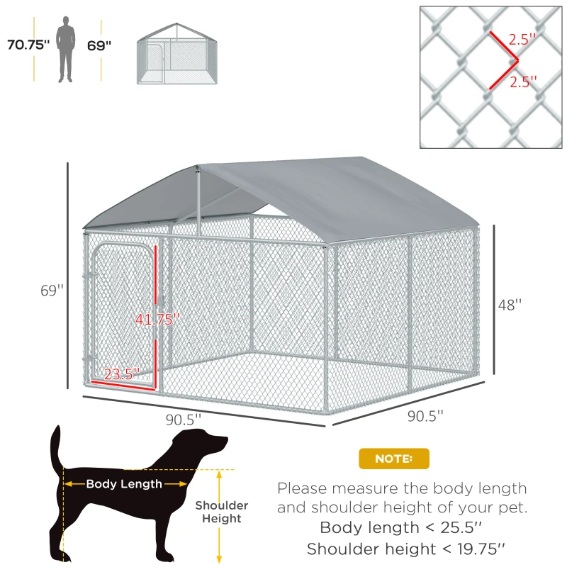 PawHut 7.5' x 7.5' x 5.6' Dog Kennel, Outdoor Dog Run with Waterproof, UV Resistant Roof, Lockable Door for Large-Sized Dogs, Silver