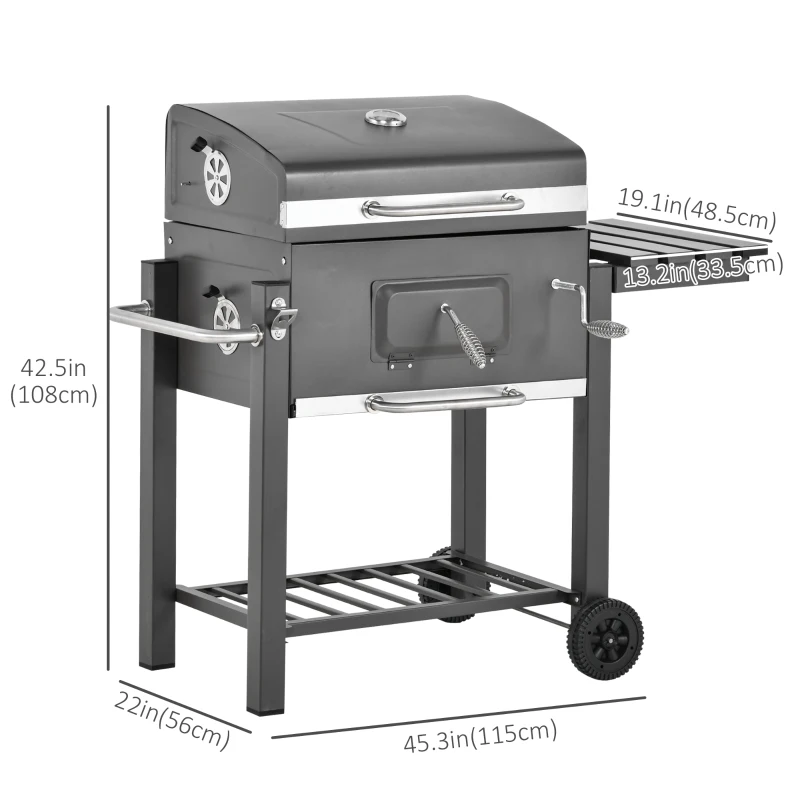 Outsunny BBQ Trolley Charcoal Grill Portable Stainless Steel Barbecue Tool Kits for Camping Hiking Picnic Backyard w/ Wheels and Side Shelf