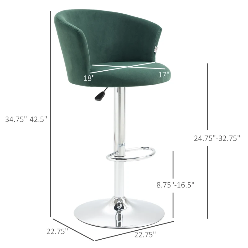 HOMCOM Adjustable Bar Stools Set of 2, Velvet Upholstered Counter Height Barstool with Swivel Seat, Wing Back, ‎Dark Green