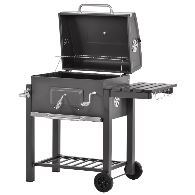 Outsunny BBQ Trolley Charcoal Grill Portable Stainless Steel Barbecue Tool Kits for Camping Hiking Picnic Backyard w/ Wheels and Side Shelf
