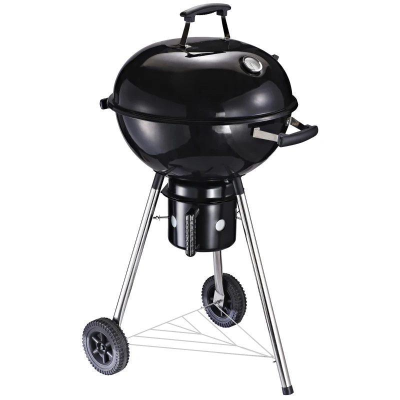 Outsunny Kettle Charcoal BBQ Grill, Portable Barbecue Smoker with Lid and Thermometer, Outdoor Camp Picnic Cooker with Wheels and Storage Shelf