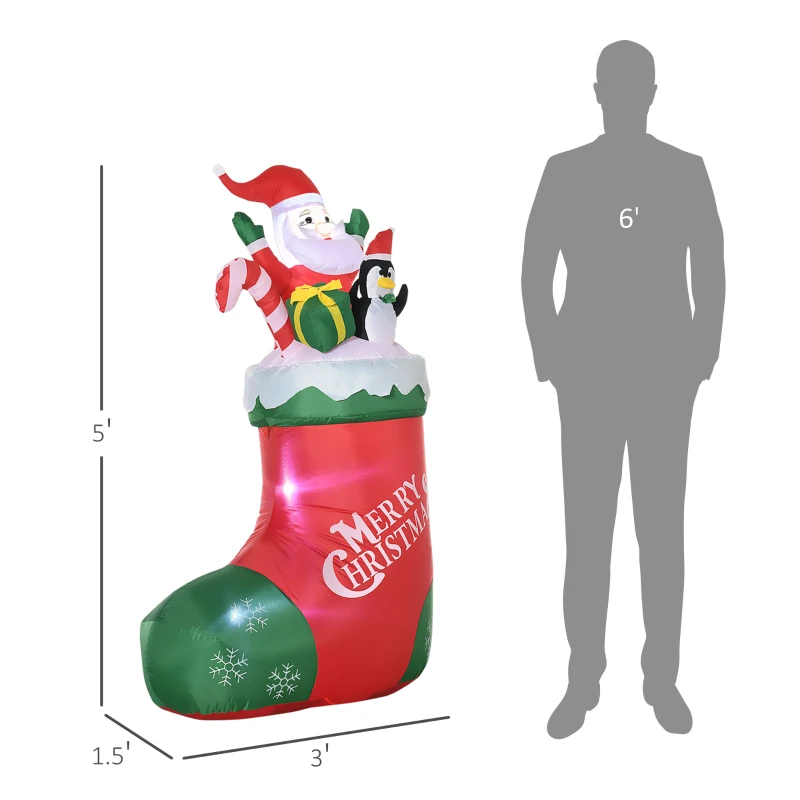 Outsunny 5ft Christmas Inflatables Outdoor Decorations Santa and Penguin Standing in Sock with Candy Cane Gift Box, Blow-Up LED Yard Christmas Decor for Lawn Garden Party