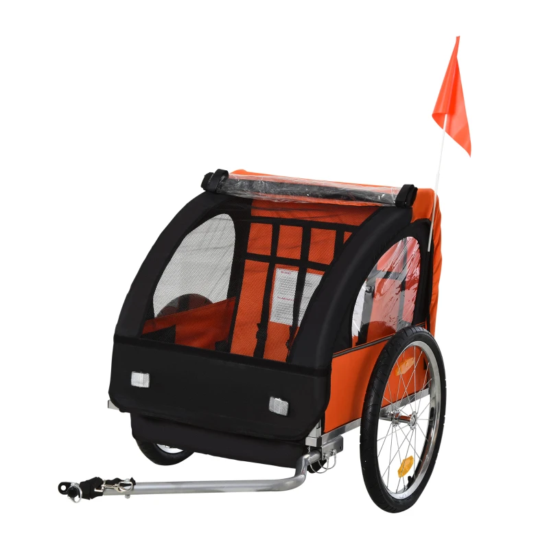 Aosom 2-Seat Child Bike Trailer for Kids with a Strong Steel Frame, 5-Point Safety Harnesses, & Comfortable Seat, Orange