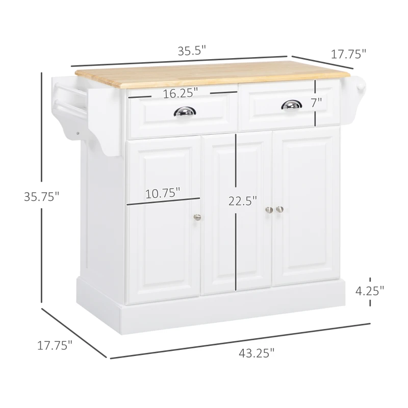 HOMCOM Triple-Cabinet Kitchen Island on Wheels, Kitchen Storage Cabinet with Drawers, Rolling Utility Cart White