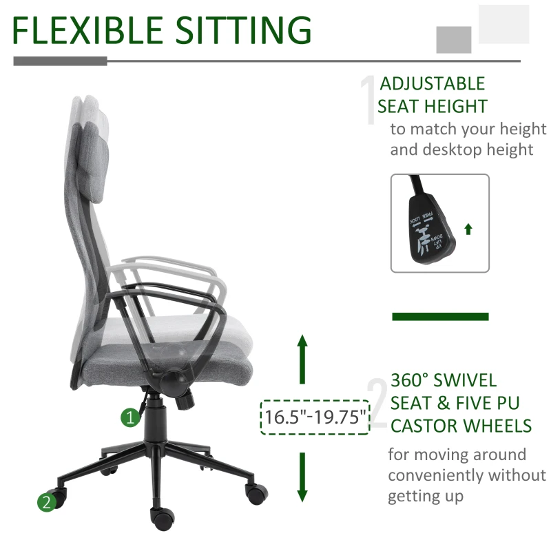 Vinsetto Mesh High-Back Office Chair Linen Ergonomic Home Office Executive Chair, Rocking Swivel Desk Seat with Lumbar Support, Headrest, Armrest