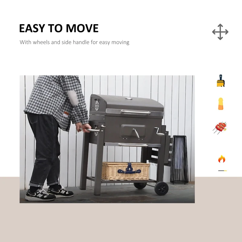 Outsunny BBQ Trolley Charcoal Grill Portable Stainless Steel Barbecue Tool Kits for Camping Hiking Picnic Backyard w/ Wheels and Side Shelf