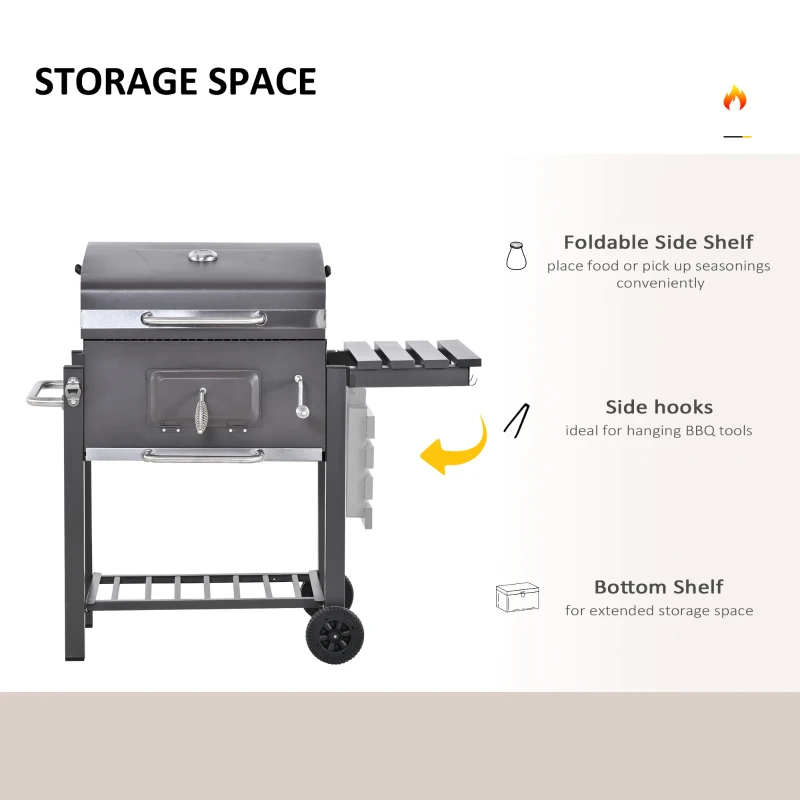 Outsunny BBQ Trolley Charcoal Grill Portable Stainless Steel Barbecue Tool Kits for Camping Hiking Picnic Backyard w/ Wheels and Side Shelf