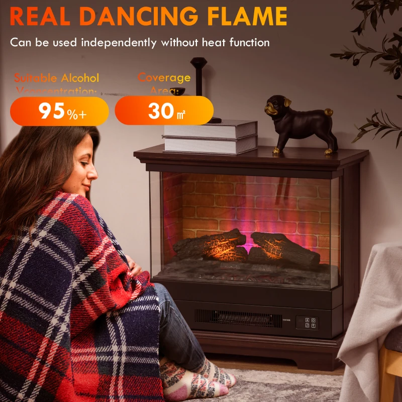 HOMCOM 26" Electric Fireplace Stove, 1400W Freestanding Fire Place Heater with Adjustable 3D Flame, Remote Control, Timer, Realistic Logs, Brown