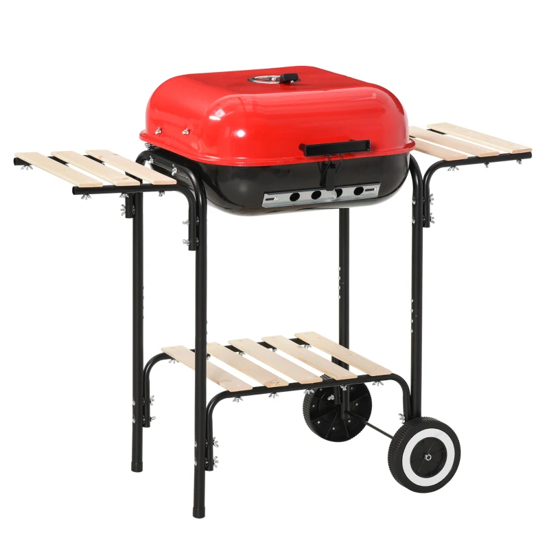 Outsunny Charcoal BBQ Grill Rolling Barbecue Trolley Smoker with Wheels, 2 Side Shelves and a Bottom Shelf Patio Outdoor Garden, Black and Red
