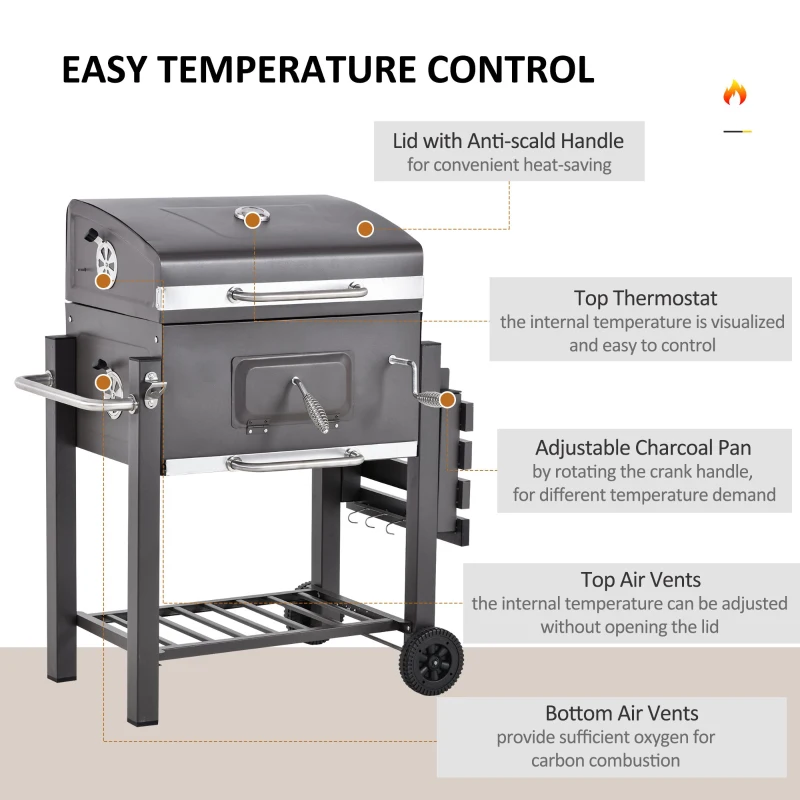Outsunny BBQ Trolley Charcoal Grill Portable Stainless Steel Barbecue Tool Kits for Camping Hiking Picnic Backyard w/ Wheels and Side Shelf