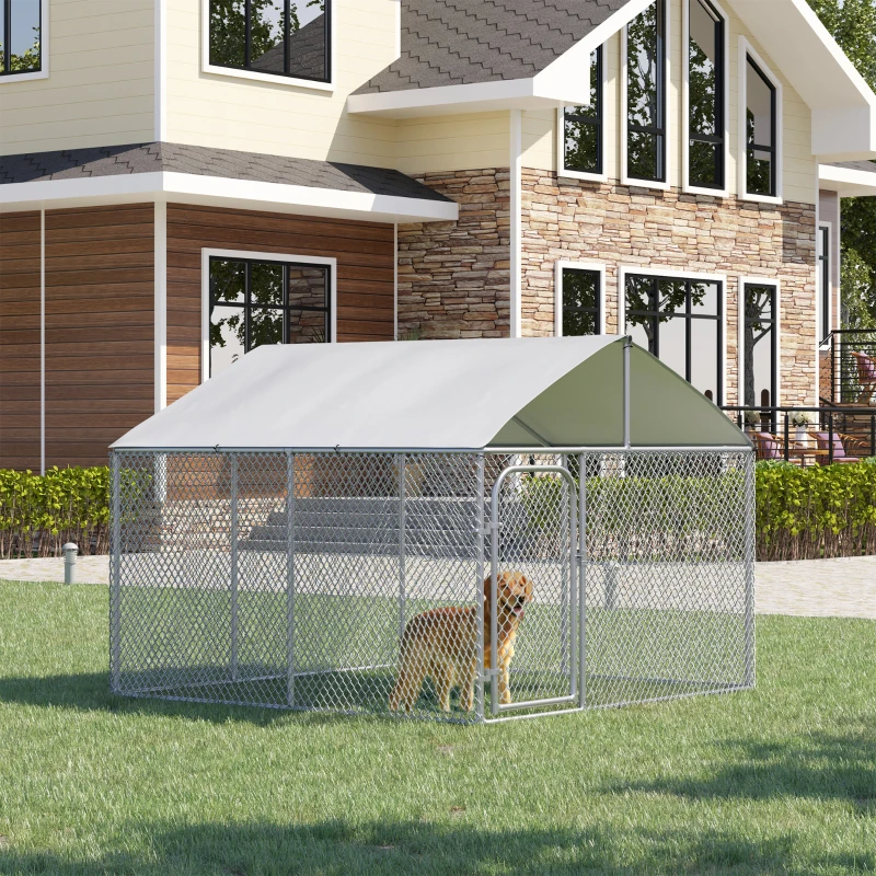 PawHut 7.5' x 7.5' x 5.6' Dog Kennel, Outdoor Dog Run with Waterproof, UV Resistant Roof, Lockable Door for Large-Sized Dogs, Silver