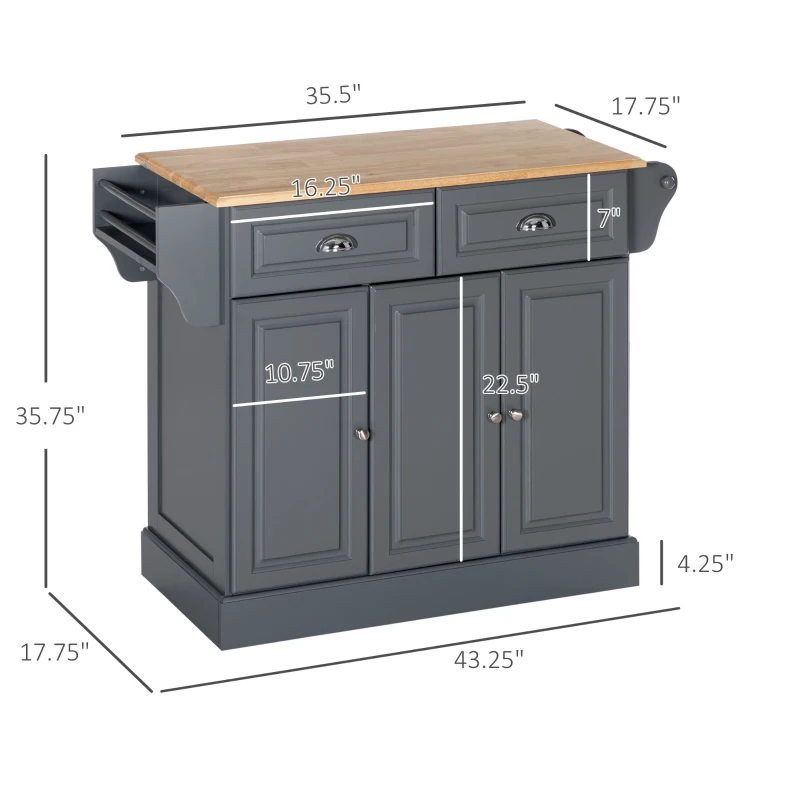 HOMCOM Triple-Cabinet Kitchen Island on Wheels, Kitchen Storage Cabinet with Drawers, Rolling Utility Cart Dark Gray