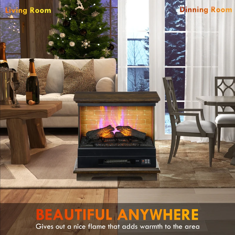 HOMCOM 26" Electric Fireplace Stove, 1400W Freestanding Fire Place Heater with Adjustable 3D Flame, Remote Control, Timer, Realistic Logs, Brown