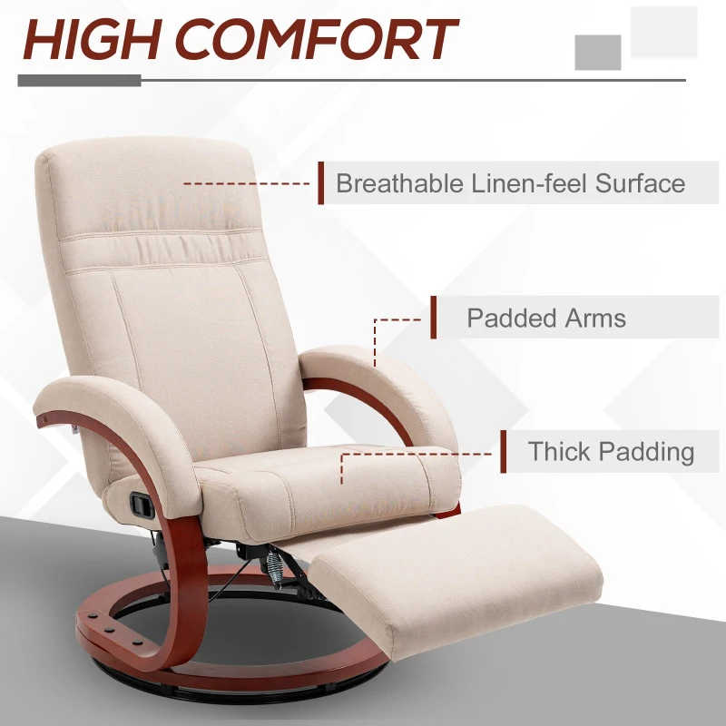 HOMCOM Manual Recliner Chair for Adults, Adjustable Swivel Recliner with Footrest, Padded Arms and Wood Base for Living Room, Beige