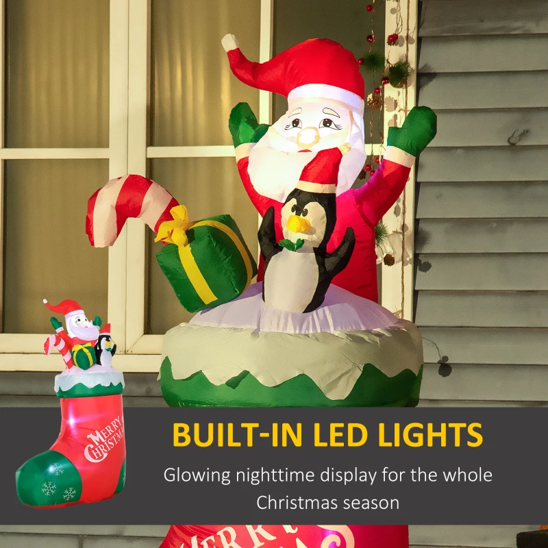 Outsunny 5ft Christmas Inflatables Outdoor Decorations Santa and Penguin Standing in Sock with Candy Cane Gift Box, Blow-Up LED Yard Christmas Decor for Lawn Garden Party