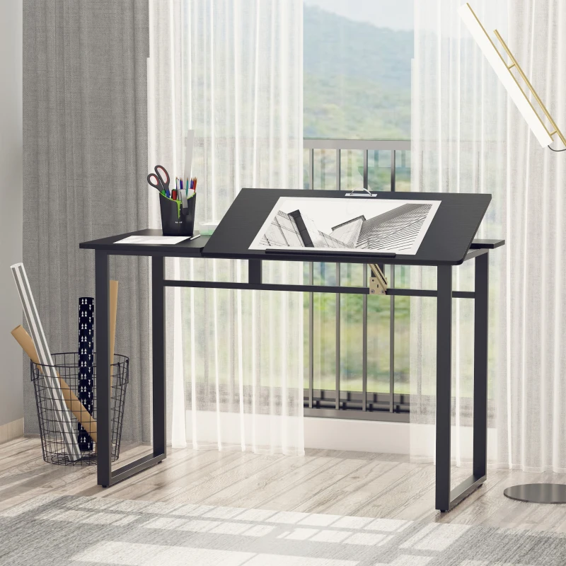 HOMCOM Modern Drafting Drawing Table with Adjustable Tiltable Tabletop, Writing Office Desk Artist Workstation, Black