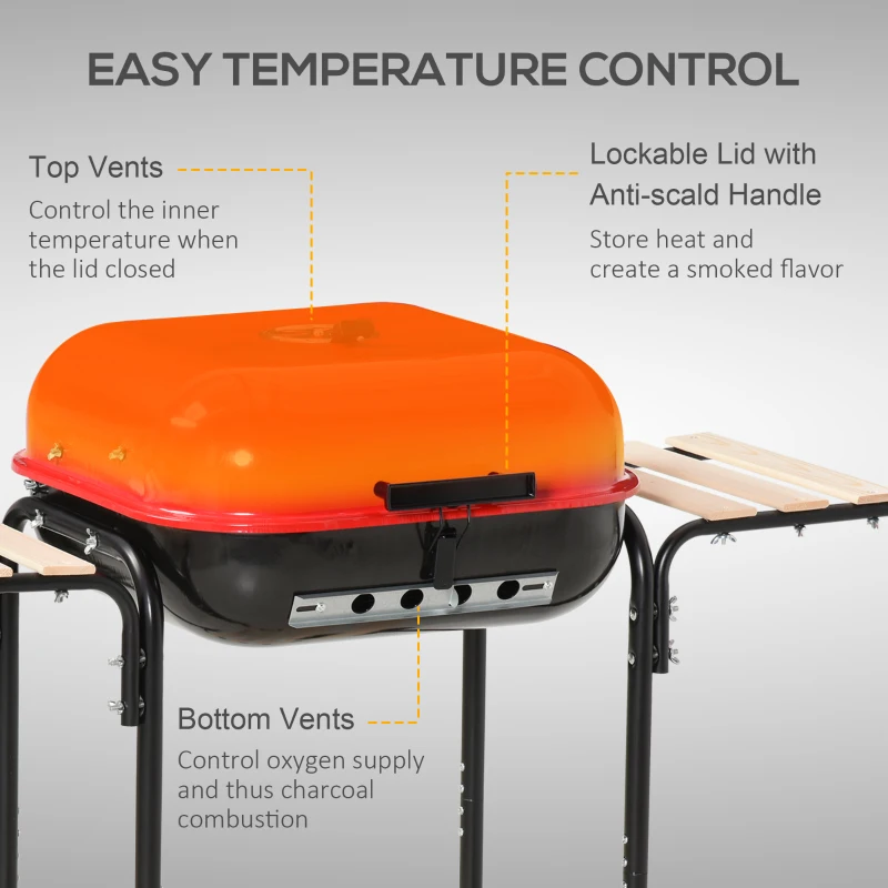 Outsunny Charcoal BBQ Grill Rolling Barbecue Trolley Smoker with Wheels, 2 Side Shelves and a Bottom Shelf Patio Outdoor Garden, Black and Red