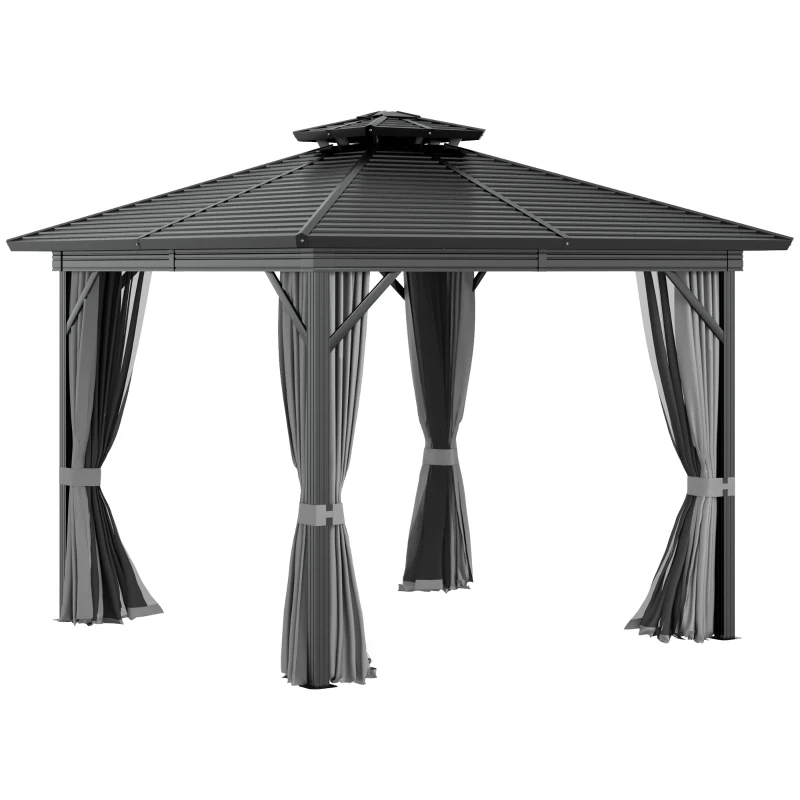 Outsunny 10' x 10' Hardtop Gazebo, Aluminum Frame Garden Sun Shelter with Double Tier Metal Roof, Mosquito Netting, Curtains, and Hanging Hook, Grey