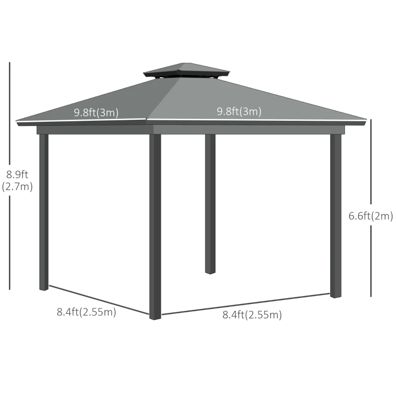 Outsunny 10' x 10' Hardtop Gazebo, Aluminum Frame Garden Sun Shelter with Double Tier Metal Roof, Mosquito Netting, Curtains, and Hanging Hook, Grey