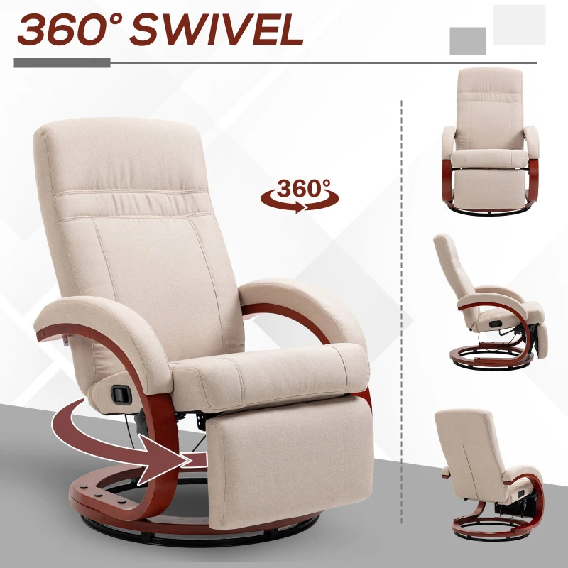 HOMCOM Manual Recliner Chair for Adults, Adjustable Swivel Recliner with Footrest, Padded Arms and Wood Base for Living Room, Beige