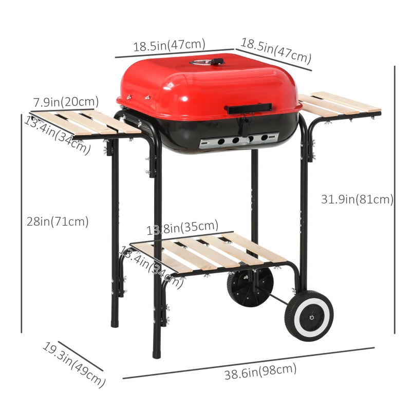 Outsunny Charcoal BBQ Grill Rolling Barbecue Trolley Smoker with Wheels, 2 Side Shelves and a Bottom Shelf Patio Outdoor Garden, Black and Red