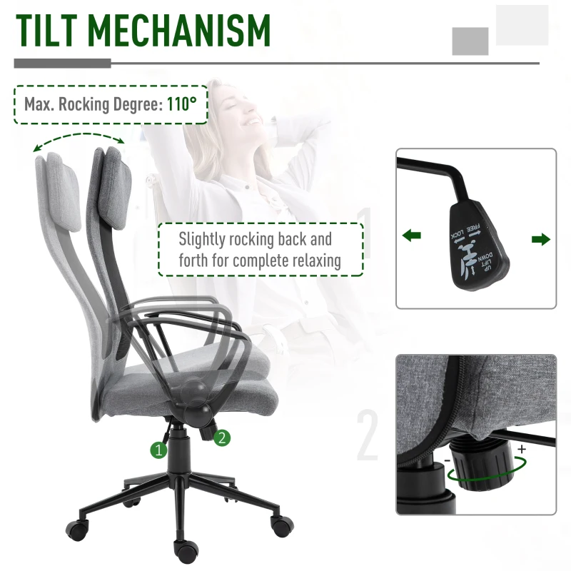 Vinsetto Mesh High-Back Office Chair Linen Ergonomic Home Office Executive Chair, Rocking Swivel Desk Seat with Lumbar Support, Headrest, Armrest