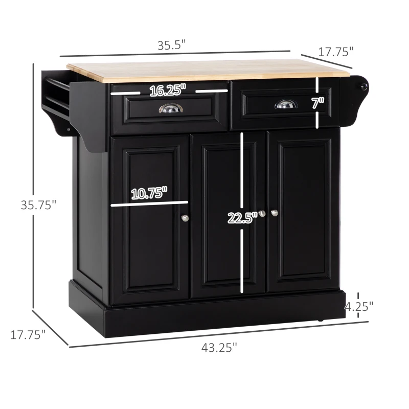 HOMCOM Triple-Cabinet Kitchen Island on Wheels, Kitchen Storage Cabinet with Drawers, Rolling Utility Cart Black