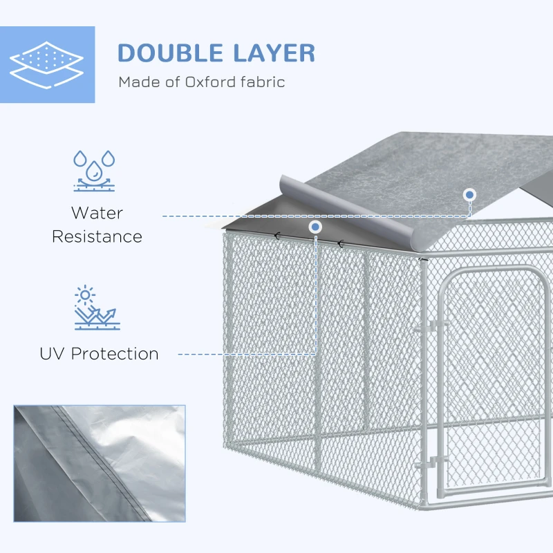 PawHut 7.5' x 7.5' x 5.6' Dog Kennel, Outdoor Dog Run with Waterproof, UV Resistant Roof, Lockable Door for Large-Sized Dogs, Silver