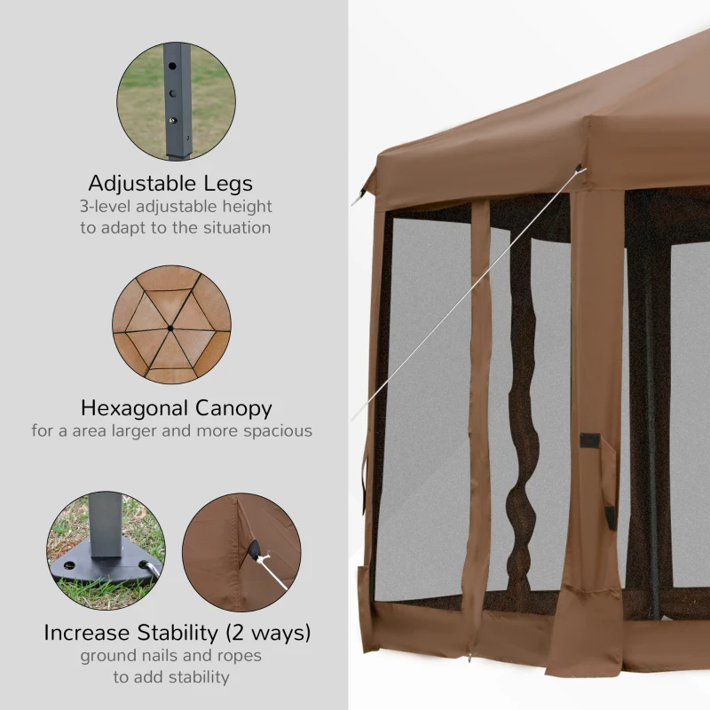 Outsunny 13' x 11' Hexagonal Pop Up Gazebo, Heavy Duty Outdoor Canopy Tent with 6 Mesh Sidewall Netting, 3-Level Adjustable Height and Strong Steel Frame, Brown