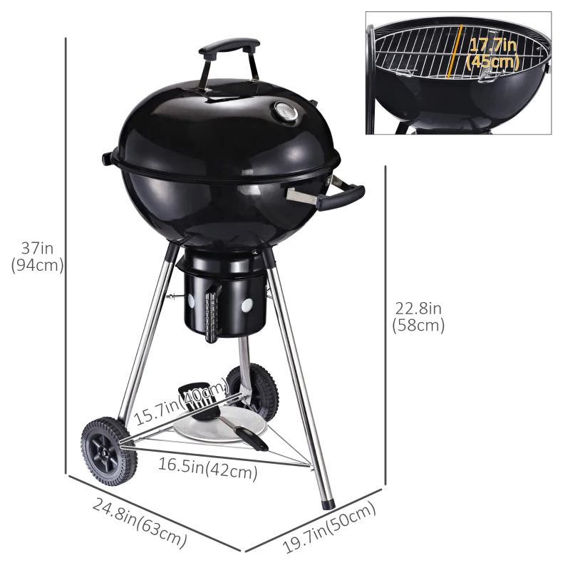 Outsunny Kettle Charcoal BBQ Grill, Portable Barbecue Smoker with Lid and Thermometer, Outdoor Camp Picnic Cooker with Wheels and Storage Shelf