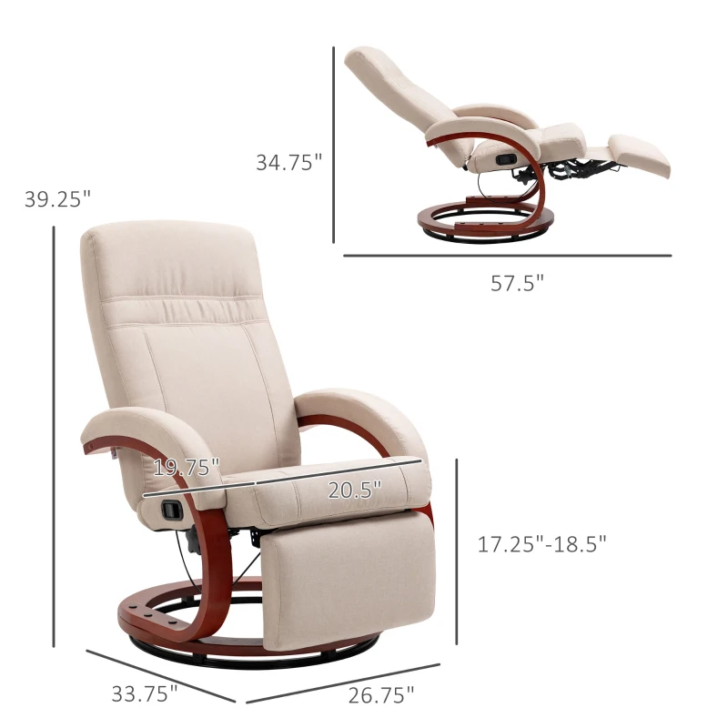 HOMCOM Manual Recliner Chair for Adults, Adjustable Swivel Recliner with Footrest, Padded Arms and Wood Base for Living Room, Beige