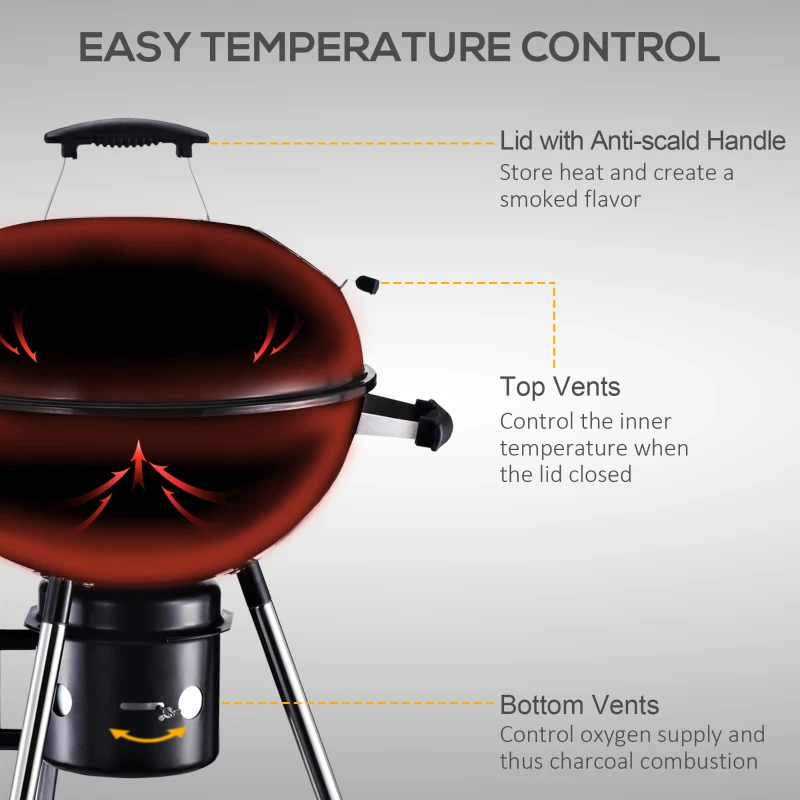 Outsunny Kettle Charcoal BBQ Grill, Portable Barbecue Smoker with Lid and Thermometer, Outdoor Camp Picnic Cooker with Wheels and Storage Shelf