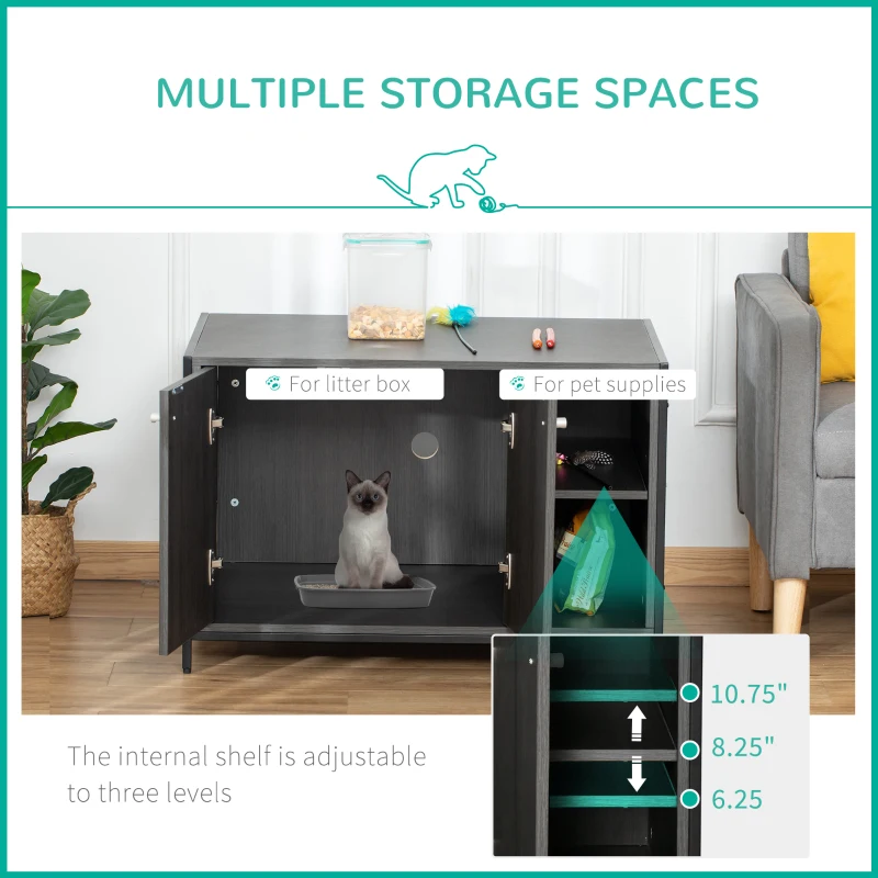 PawHut Large Wooden & Steel Cat Litter Box Enclosure, Kitten Washroom End Table, Indoor Hidden Cat House with Magnetic Doors & Storage Shelves, Black