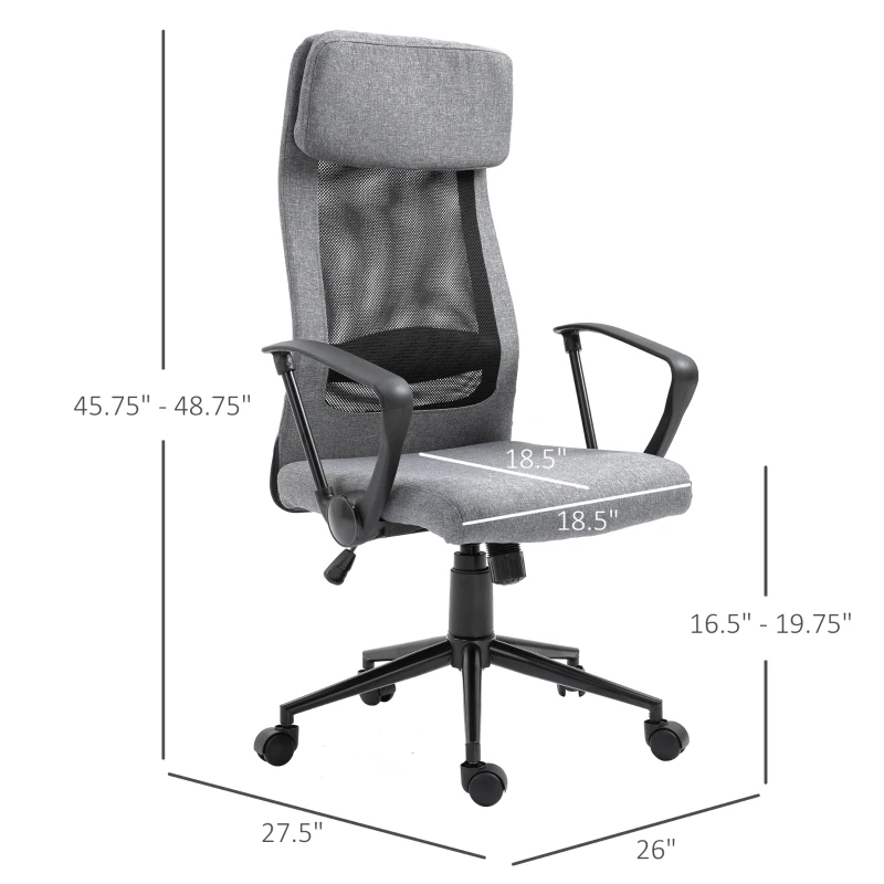 Vinsetto Mesh High-Back Office Chair Linen Ergonomic Home Office Executive Chair, Rocking Swivel Desk Seat with Lumbar Support, Headrest, Armrest