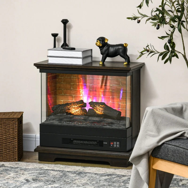 HOMCOM 26" Electric Fireplace Stove, 1400W Freestanding Fire Place Heater with Adjustable 3D Flame, Remote Control, Timer, Realistic Logs, Brown