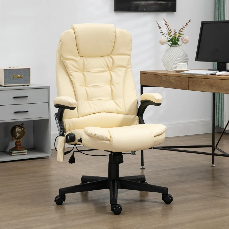 HOMCOM Massage Office Chair, Heated Reclining Computer Chair with 6 Vibration Points, Armrest and Remote, Beige