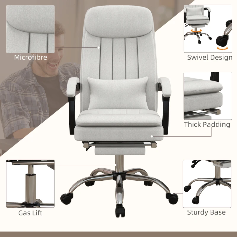 Vinsetto Executive Office Chair with Vibration Massage, Microfibre Swivel Desk Chair, Heated Reclining Computer Chair with Lumbar Support Pillow, Footrest, Cream White