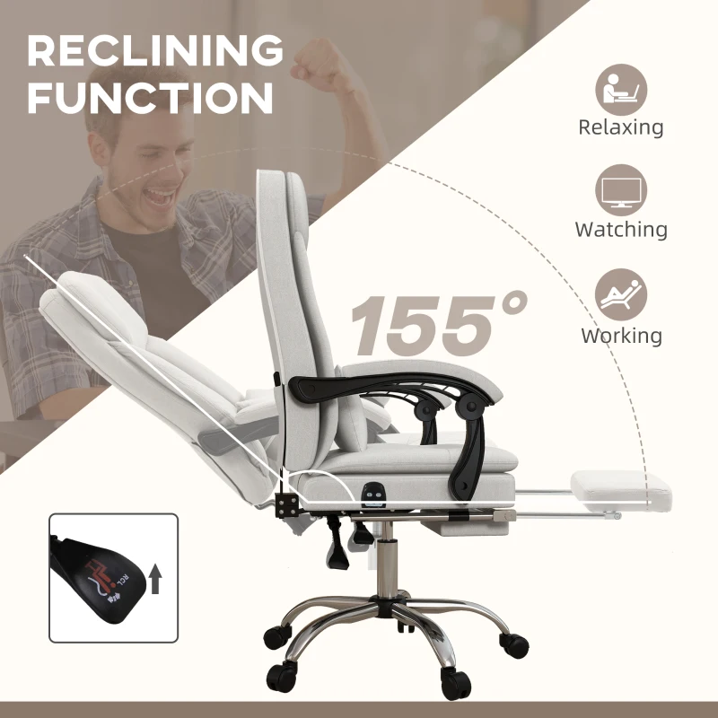 Vinsetto Executive Office Chair with Vibration Massage, Microfibre Swivel Desk Chair, Heated Reclining Computer Chair with Lumbar Support Pillow, Footrest, Cream White