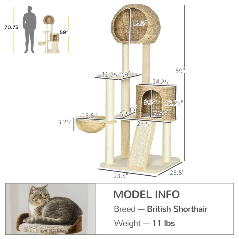 PawHut 59 Inch Cat Tree for Indoor Cats with Cat Condo, Hammock, Beige