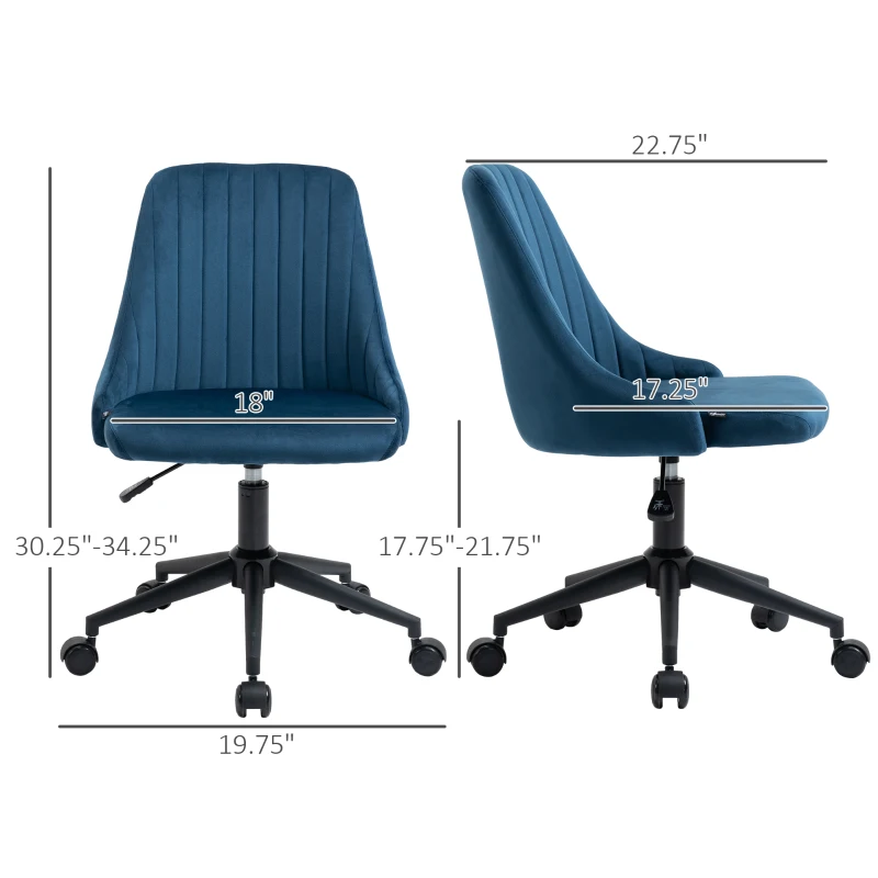 Vinsetto Mid-Back Office Chair, Velvet Fabric Swivel Scallop Shape Computer Desk Chair for Home Office or Bedroom, Teal Blue