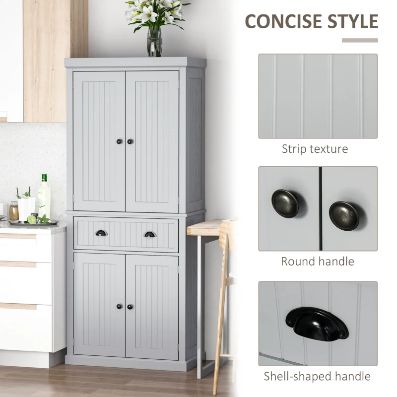 HOMCOM 72" Freestanding Kitchen Pantry Cabinet, Tall Storage with 4 Doors, Drawer, 3 Adjustable Shelves, Gray