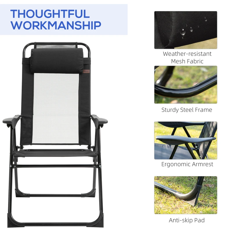 Outsunny Set of 4 Camping Chairs, Outdoor Folding Lounge Chair Set with 5 Level Adjustable Backrest, Removable Headrest, Armrest for Camping, Backyard, Black