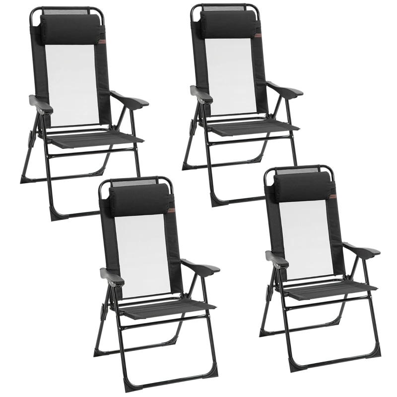 Outsunny Set of 4 Camping Chairs, Outdoor Folding Lounge Chair Set with 5 Level Adjustable Backrest, Removable Headrest, Armrest for Camping, Backyard, Black