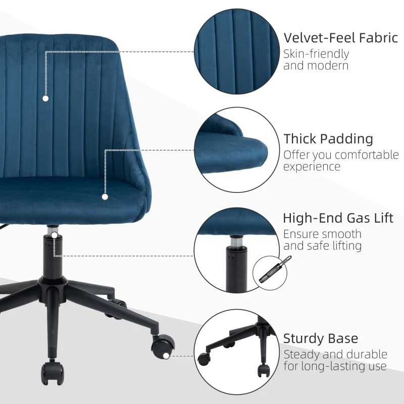 Vinsetto Mid-Back Office Chair, Velvet Fabric Swivel Scallop Shape Computer Desk Chair for Home Office or Bedroom, Teal Blue