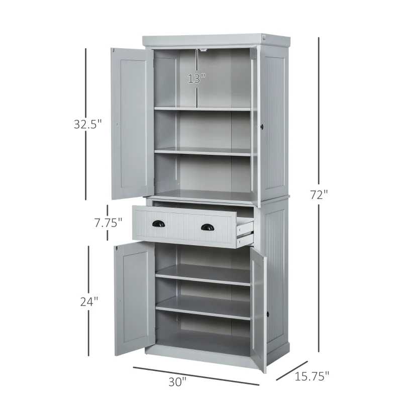 HOMCOM 72" Freestanding Kitchen Pantry Cabinet, Tall Storage with 4 Doors, Drawer, 3 Adjustable Shelves, Gray