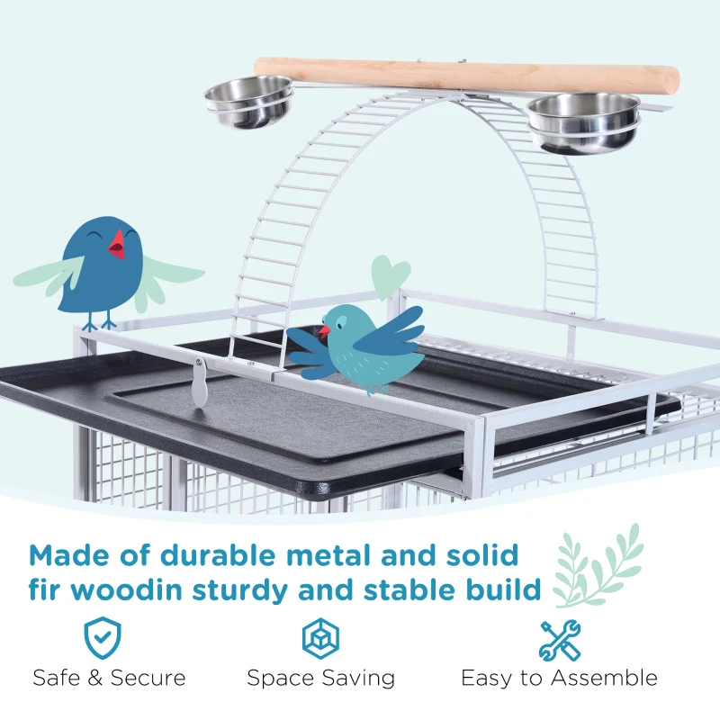 PawHut 63" Large Bird Parrot Cage Stand Finch Feeder Play Top House Perch Bowl Wheels, Silver