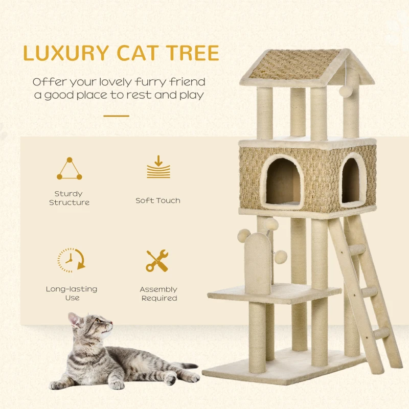 PawHut 51.5" Huge Cat Tree Kitty Activity Center Cat Climbing Toy Pet Furniture w/ Sisal Scratching Post Ladder Windmill Toy