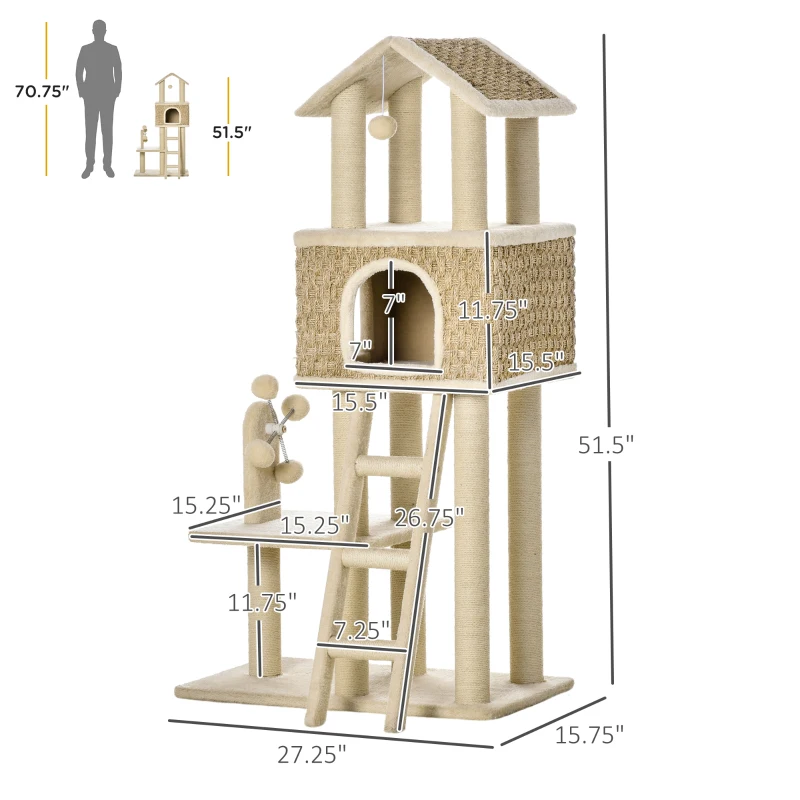 PawHut 51.5" Huge Cat Tree Kitty Activity Center Cat Climbing Toy Pet Furniture w/ Sisal Scratching Post Ladder Windmill Toy